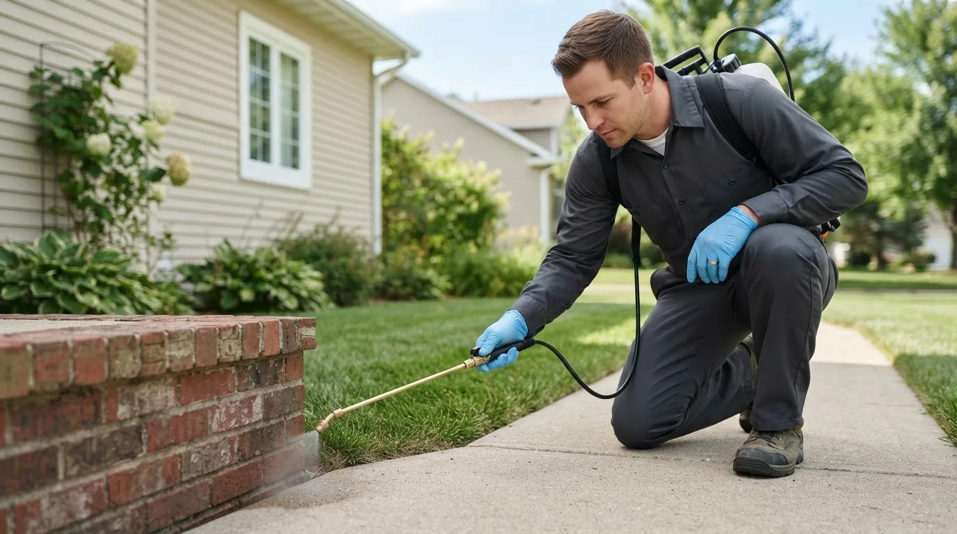 Pest control technician treating a home near Randolph, NH