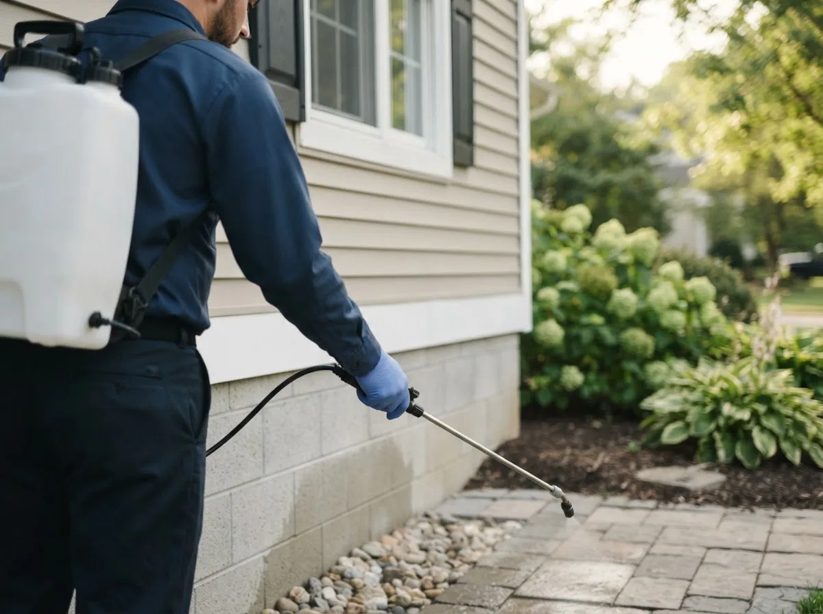 Pest control technician inspecting a home in Randolph, NH
